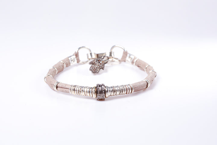 Pavé Diamond Barrel and Light Taupe Leather Bracelet
