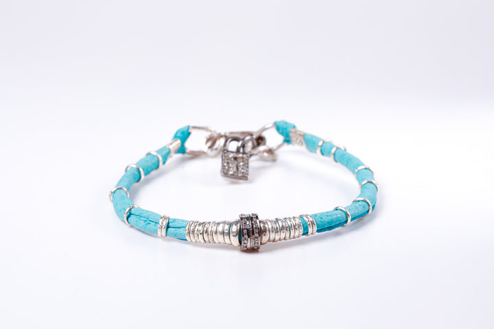 Pavé Diamond Barrel Turquoise Leather Bracelet