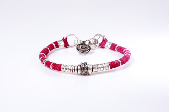 Pavé Diamond Barrel Magenta Leather Bracelet