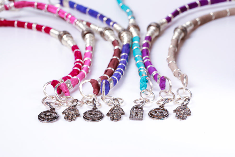 Pavé Diamond Barrel and Eggplant Leather Bracelet