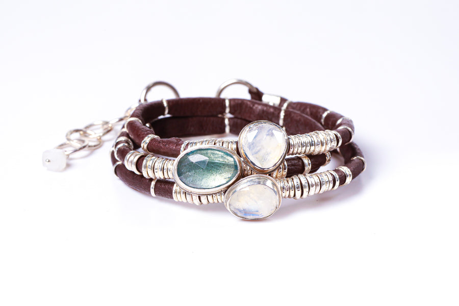 Blue Tourmaline with Moonstones Espresso Brown Leather Wrap
