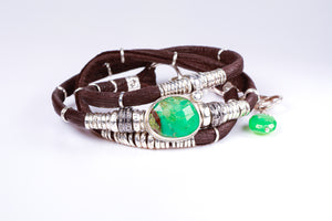 Green Chyroprase and Pavé Diamond Espresso Brown Leather Wrap