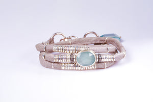 Milky Blue Aquamarine and Diamond Pavé Light Grey Leather Wrap Bracelet