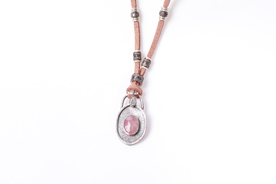 Pink Sapphire and Pavé Diamond Leather Necklace