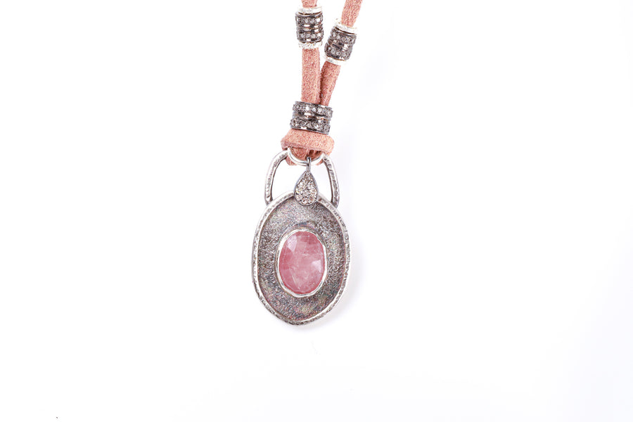 Pink Sapphire and Pavé Diamond Leather Necklace