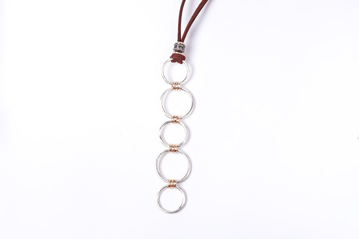 Brushed Sterling Silver and Pavé Diamond Gold and Leather Necklace