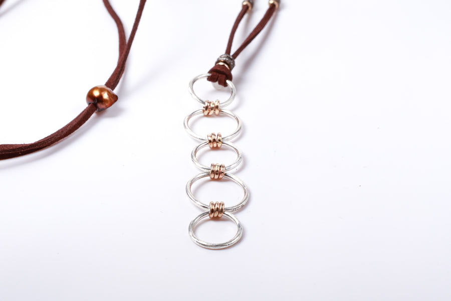 Brushed Sterling Silver and Pavé Diamond Gold and Leather Necklace