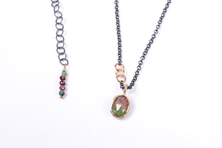 Watermelon Tourmaline with Gold and Sterling Silver Necklace