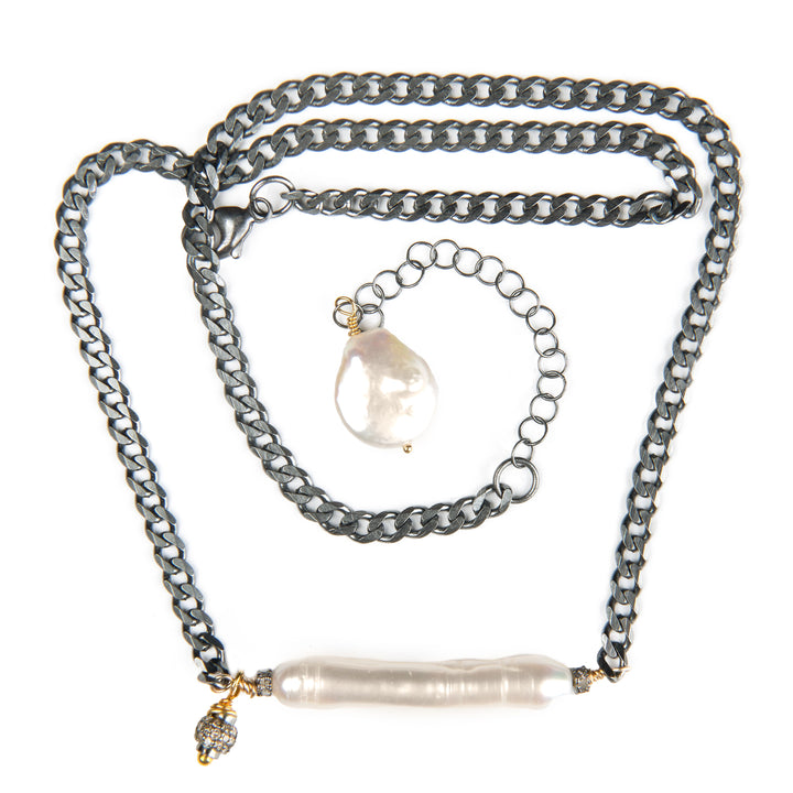 Pearl with Pavé Diamond Ball Necklace