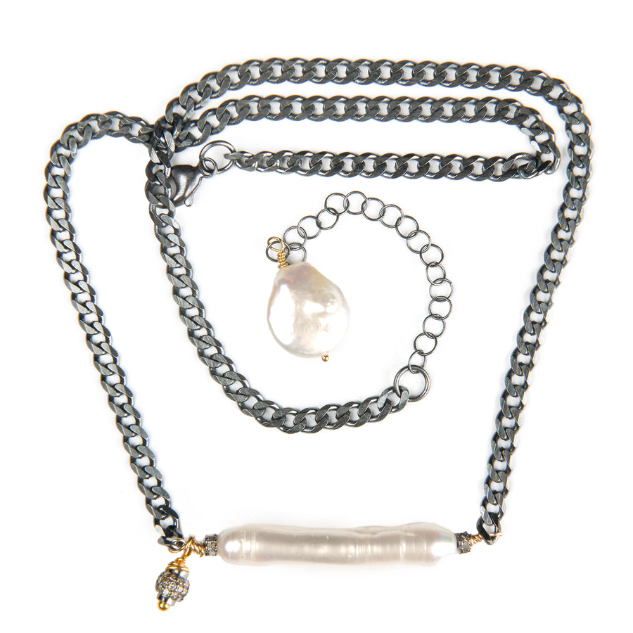 Pearl with Pavé Diamond Ball Necklace