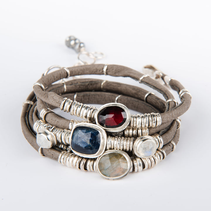 Blue Sapphire, Moonstones, Labradorite, & Rhodolite Garnet Graphite Grey Leather 5 Wrap Bracelet