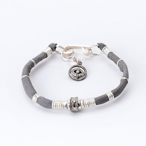 Pavé Diamond Barrel Dark Grey Leather Bracelet