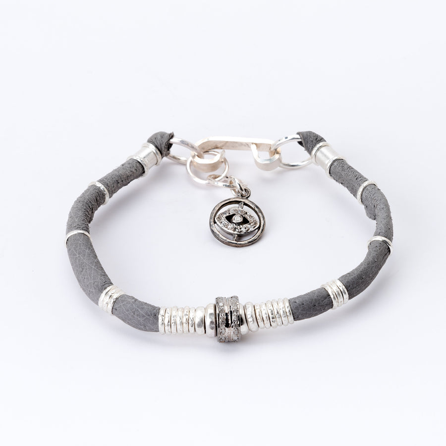Pavé Diamond Barrel Dark Grey Leather Bracelet