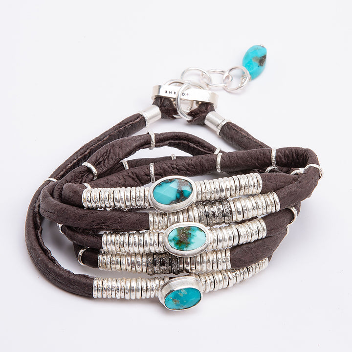 Turquoise and Pavé Diamond Espresso Brown 5 Wrap Leather Bracelet