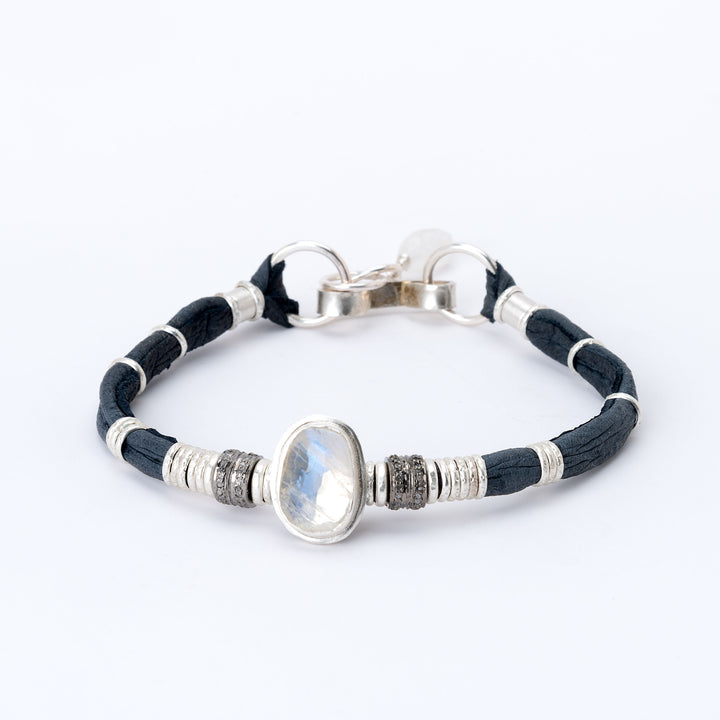 Moonstone & Pavé Diamond Navy Blue Leather Bracelet