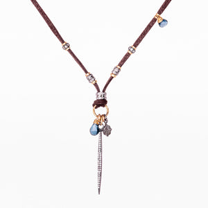 Pavé Diamond Spike with London Blue Topaz and Gold and Leather Necklace