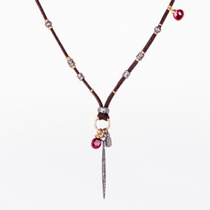 Pavé Diamond Spike with Ruby and Gold and Leather Necklace