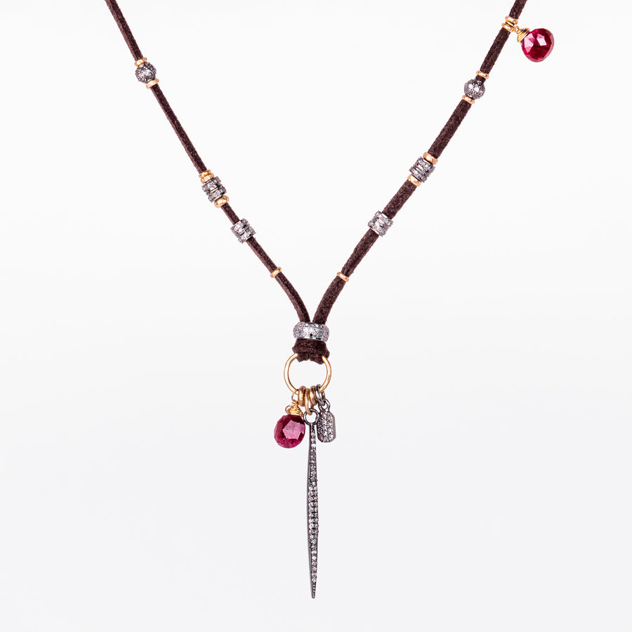 Pavé Diamond Spike with Ruby and Gold and Leather Necklace
