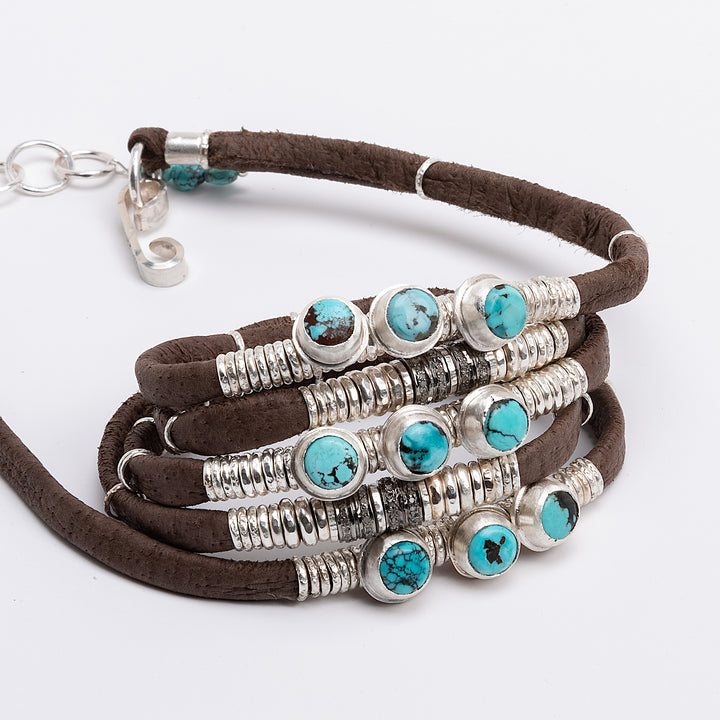 Round Kingman Turquoise & Pavé Diamond Chocolaté Brown Leather 5 Wrap