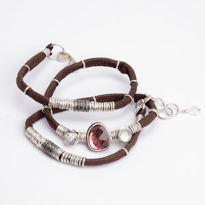 Pink Tourmaline, Moonstone & Pavé Diamond Chocolate Brown Leather Wrap