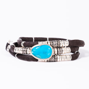 Kingman Turquoise and Pavé Diamond Espresso Brown Leather Wrap