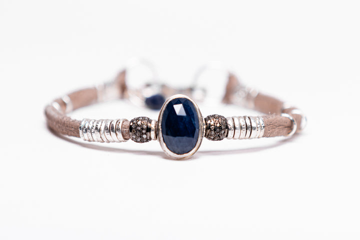 Blue Sapphire & Pavé Diamond  Leather Bracelet