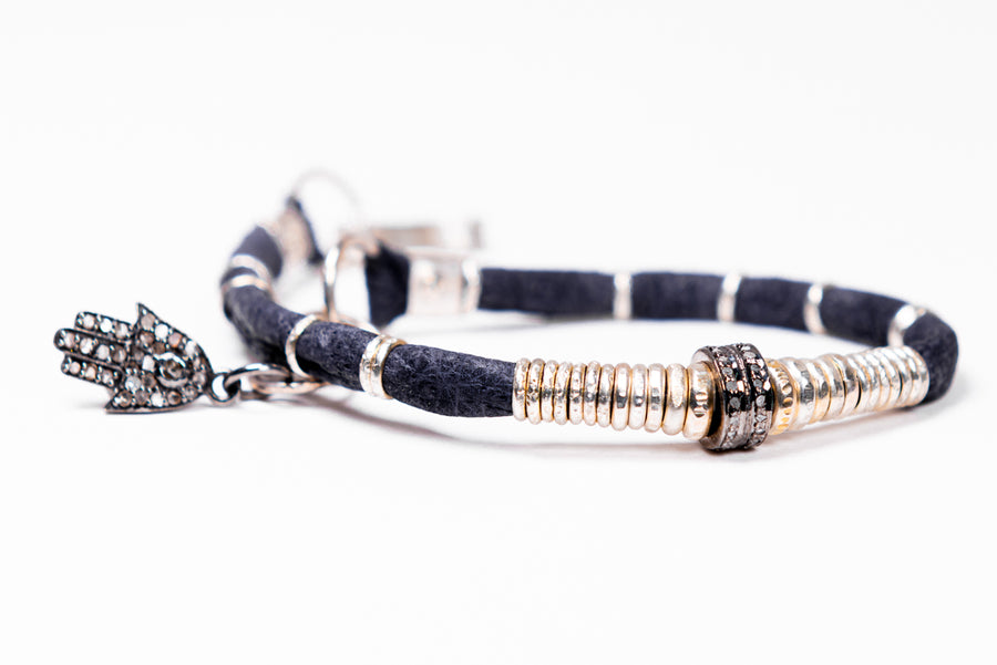 Pavé Diamond Barrel Dark Purple Leather Bracelet