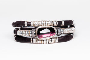 Bi-Color Pink Tourmaline & Pavé Diamond Leather Wrap Bracelet