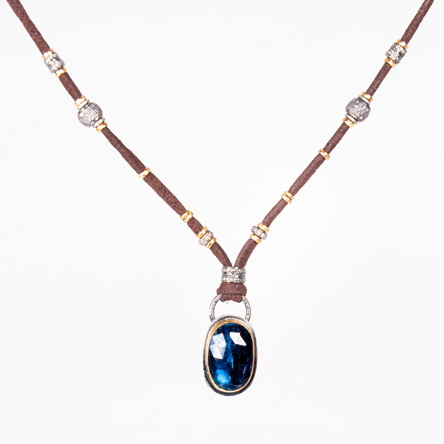 Blue Kyanite with Gold and Pavé Diamond Leather Necklace