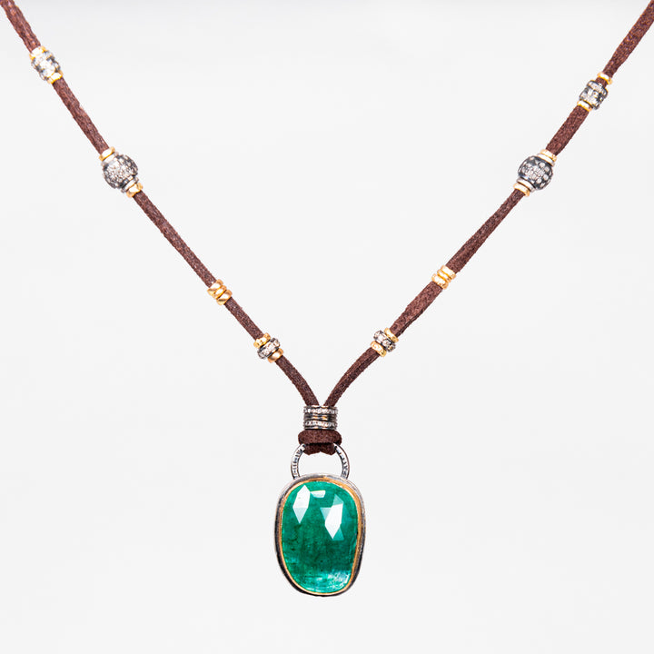 Green Onyx with Gold and Pavé Diamond Leather Necklace