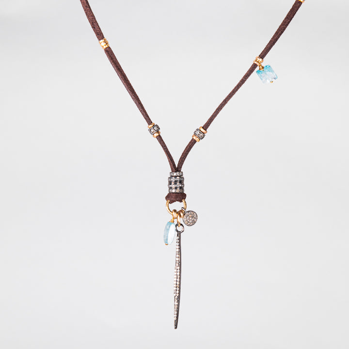 Pavé Diamond Spike with Blue Zircon and Gold and Leather Necklace