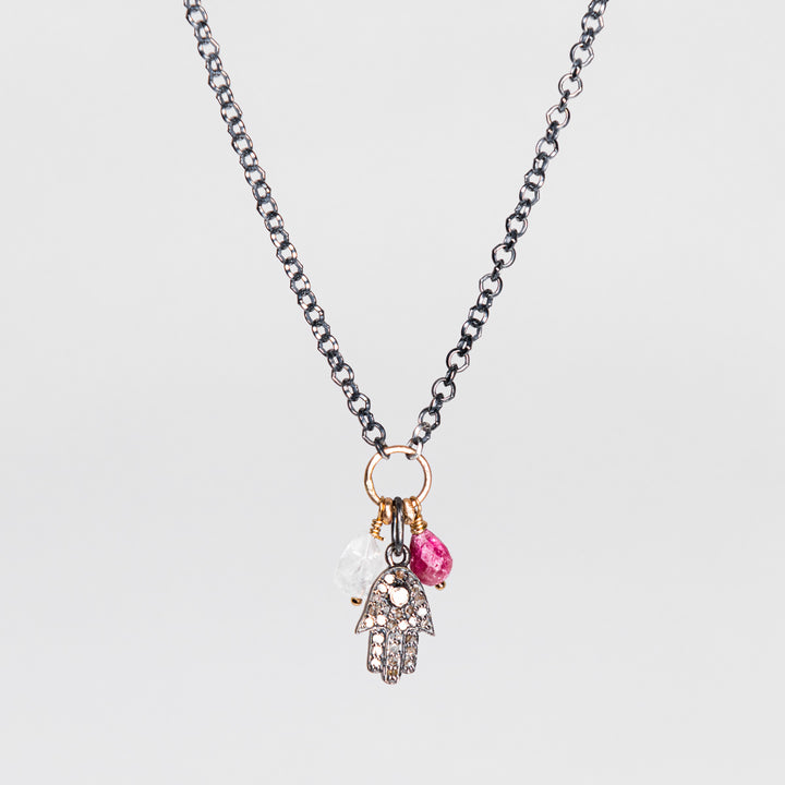Pavé Diamond Hamsa with Gold and Sterling Silver Necklace