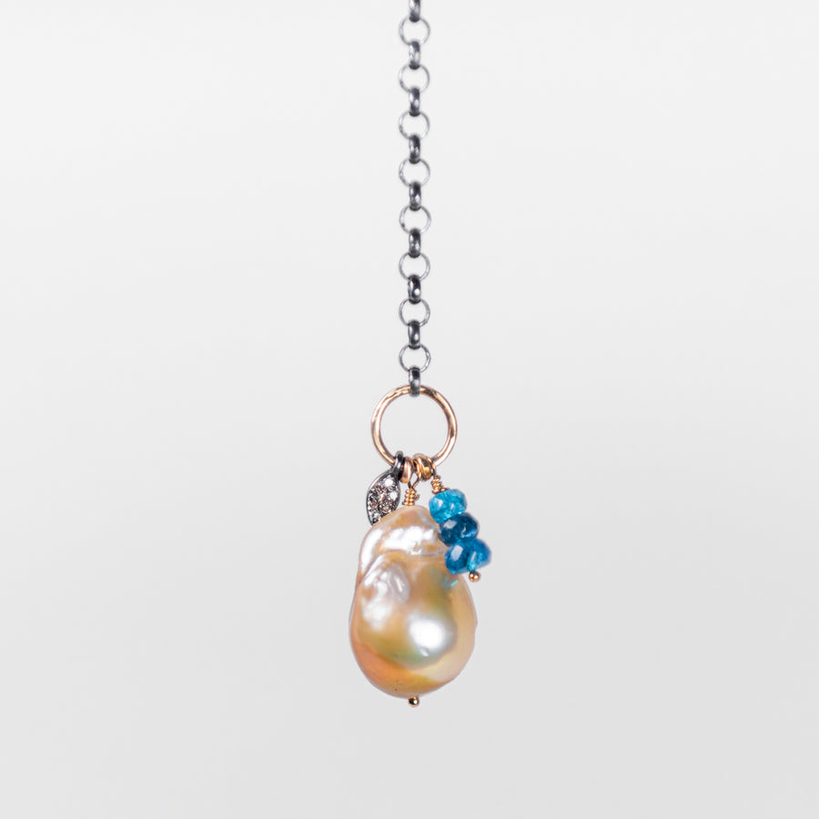 Baroque Pearl with Pavé Diamond and Gold, Sterling Silver Necklace