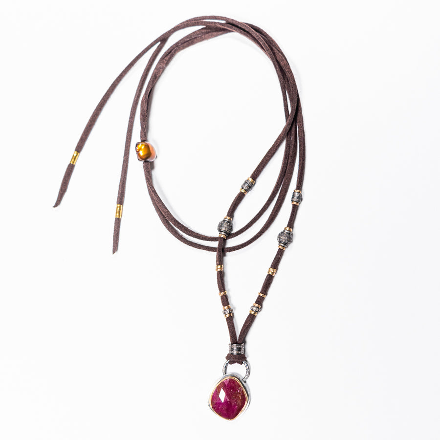 Ruby With Gold & Pavé Diamond Leather Necklace
