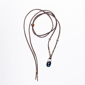 Blue Kyanite with Gold and Pavé Diamond Leather Necklace