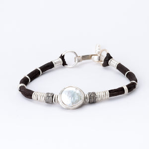 Pearl & Pavé Diamond Espresso Brown Leather Bracelet