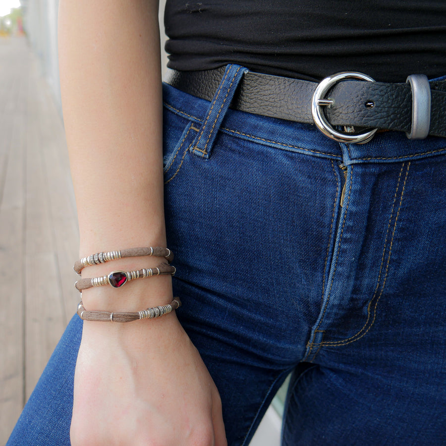 Rhodolite Garnet and Pavé Diamonds Chocolate Brown Leather Wrap