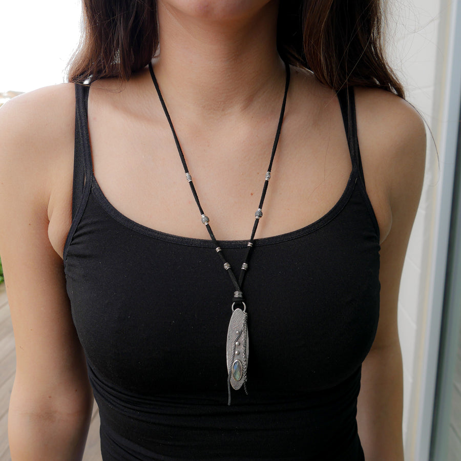 Labradorite and Pavé Diamond with Sterling Fringe Leather Necklace