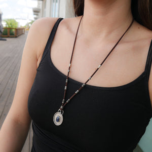 Blue Sapphire and Pavé Diamond Leather Necklace