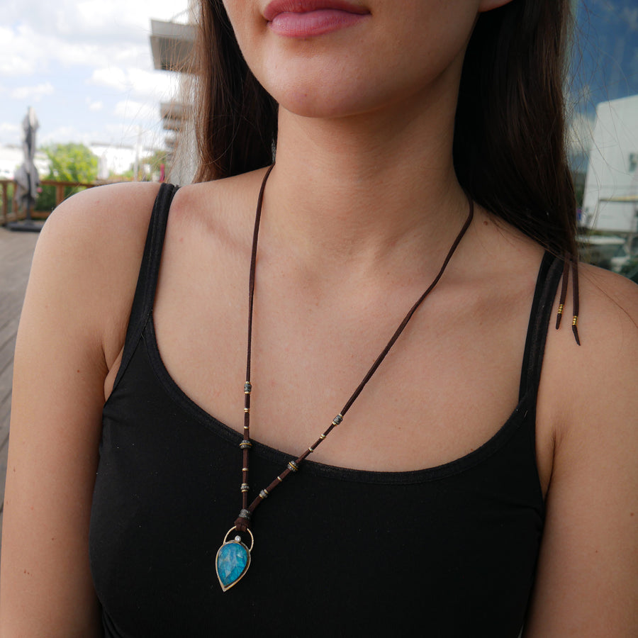 Blue Apatite and Diamond Leather Necklace