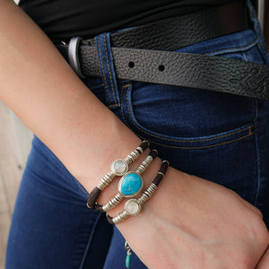 Kingman Turquoise and Moonstones Espresso Brown Leather Wrap