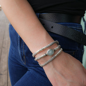 Milky Blue Aquamarine and Diamond Pavé Light Grey Leather Wrap Bracelet