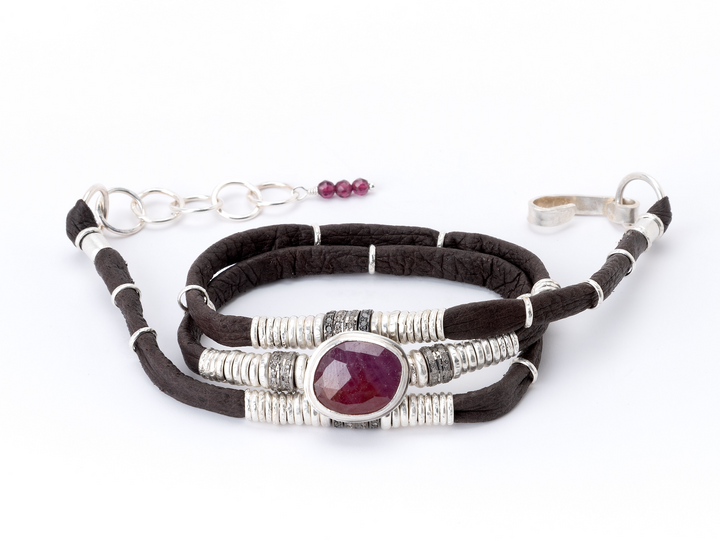 Ruby & Pavé Diamond Espresso Brown Leather Wrap