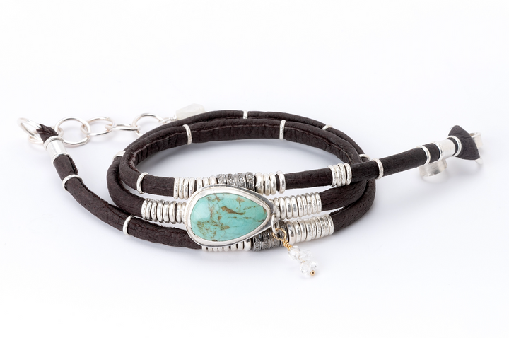 Turquoise Evil Eye, Herkimer Diamond & Pavé Diamond Espresso Brown Leather Wrap