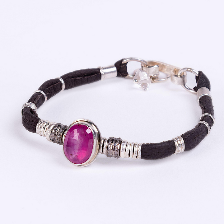 MADAGASCAR RUBY AND PAVE DIAMOND ESPERSSO BROWN LEATHER BRACELET