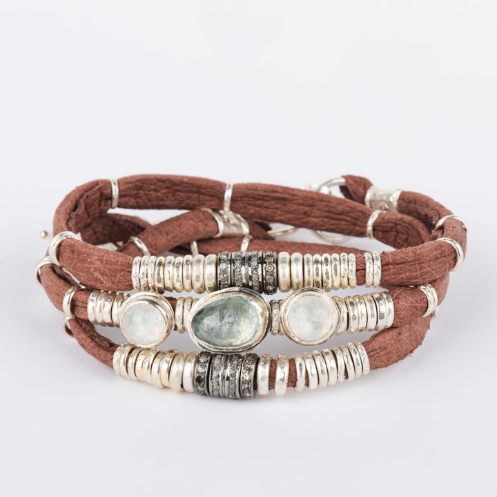 Moss Aquamarine, Moonstone and Pavé Diamond Saddle Brown Leather Wrap