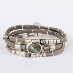 Labradorite and Pavé Diamond Graphite Grey Leather Wrap Bracelet
