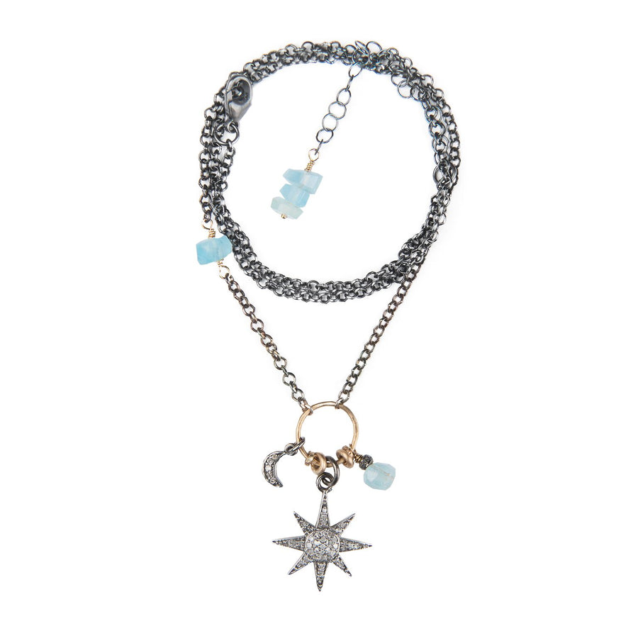Aquamarine and Pavé Diamond Starburst Necklace