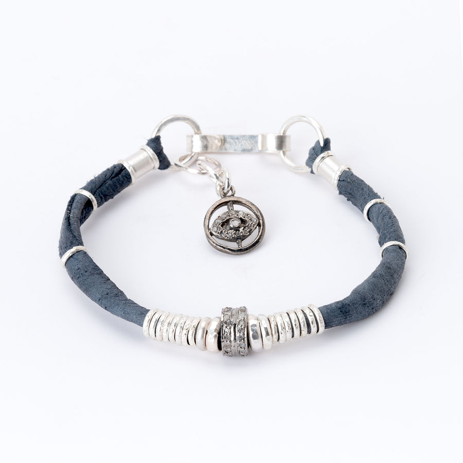 Pavé Diamond Barrel Navy Blue Leather Bracelet