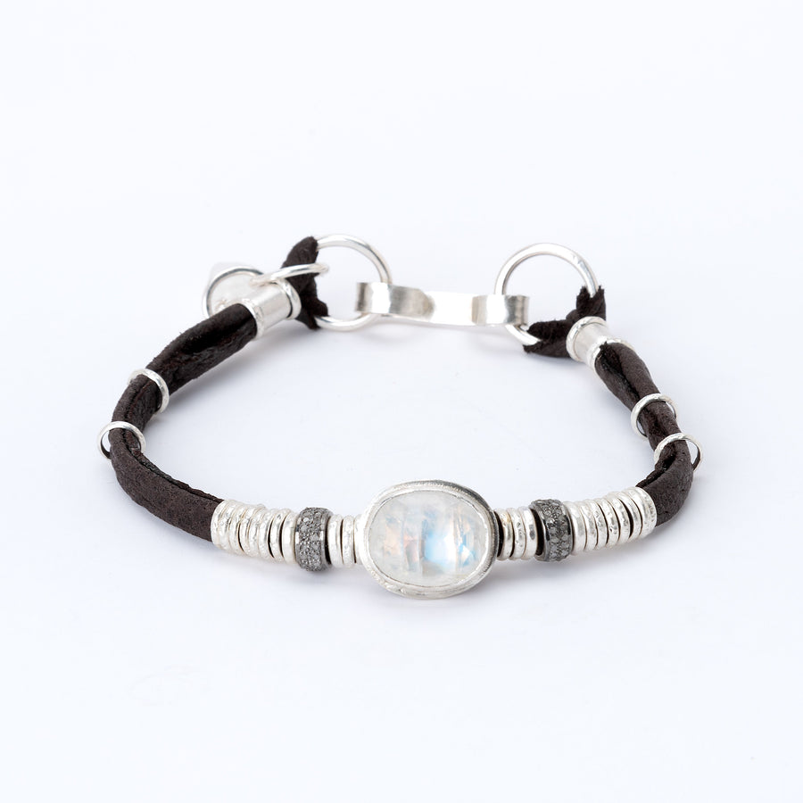 Moonstone & Pavé Diamond Espresso Brown Leather Bracelet